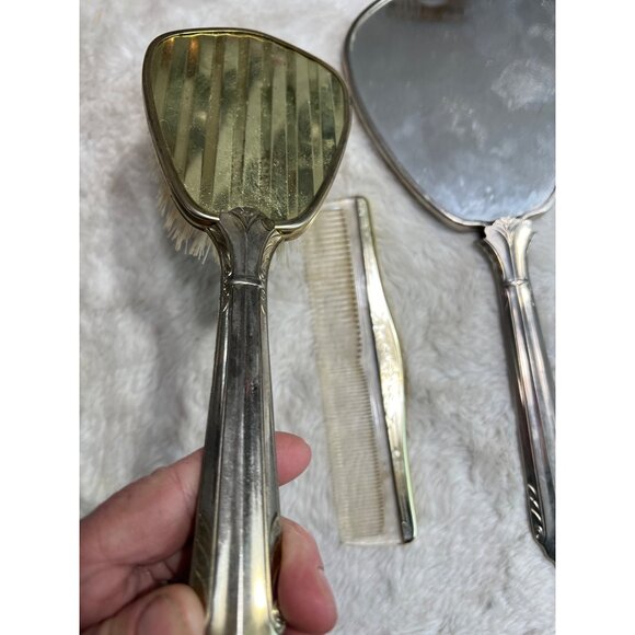 3 piece silver plated dresser set mirror, comb, hairbrush - Picture 3 of 5